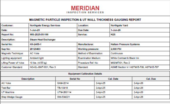 Sample magnetic particle inspection and UT wall thickness report for a steam heat exchanger